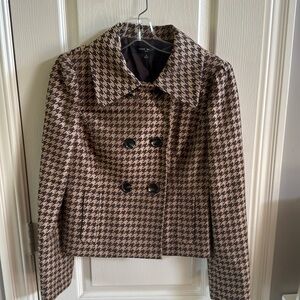 Nine West Womens Cropped Blazer size 6 Brown Double Breasted Houndstooth Lined